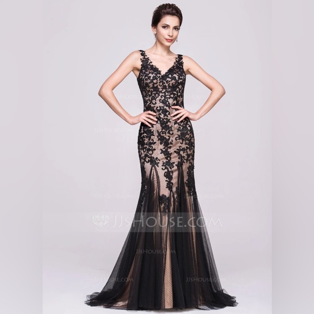 JJ’s House Trumpet/Mermaid Vneck Train Tulle Lace Evening Gown #66940 | Prom